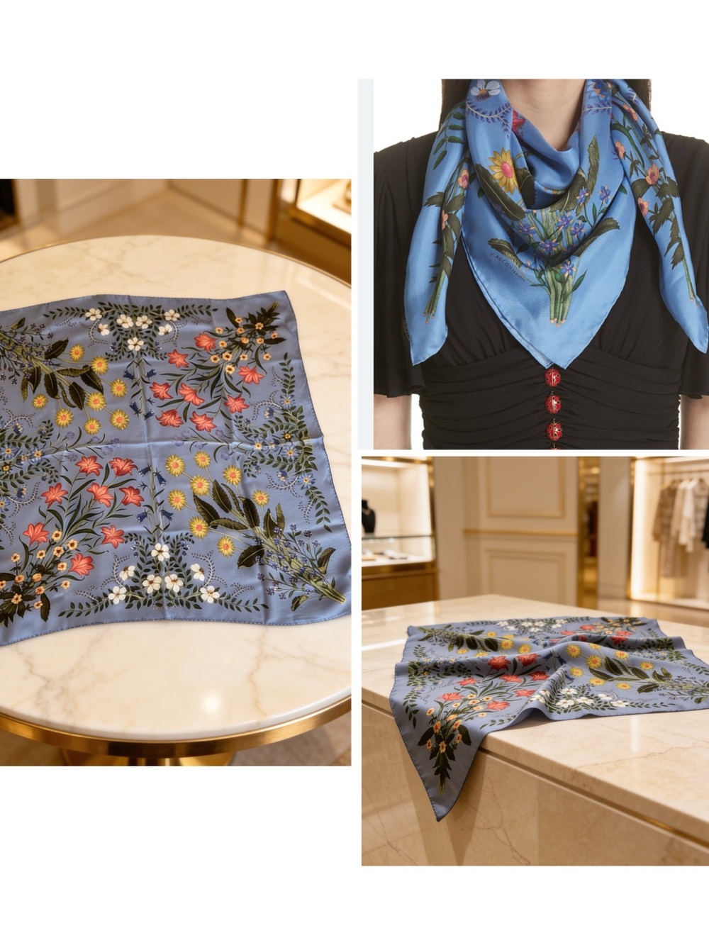 🌸 Gucci Blue Floral Blooms 100% Silk Scarf  NWT